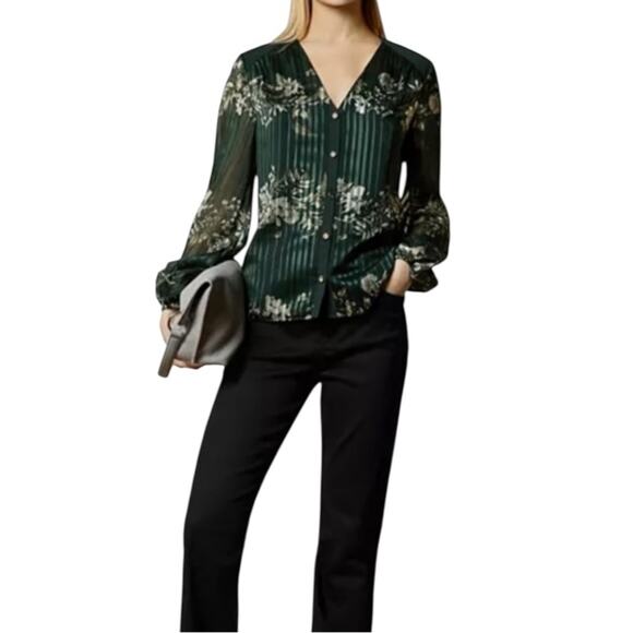 Ted Baker Evelin Floral Print Metallic Crepe Long Sheer Sleeve Green Blouse Sz 4 - Picture 5 of 15